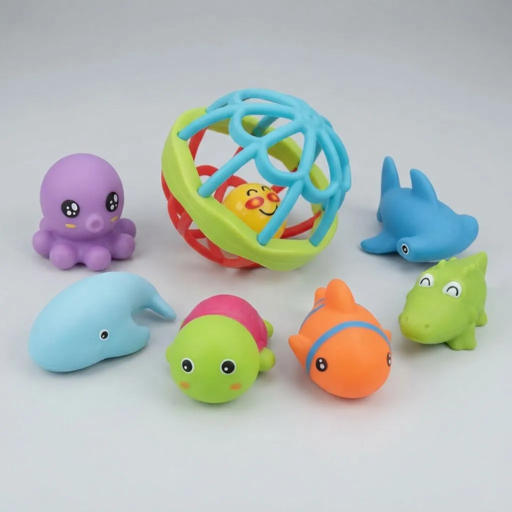 Kit De Banho Bichinhos Vinil E Bola Chocalho ( 7 Pecas )